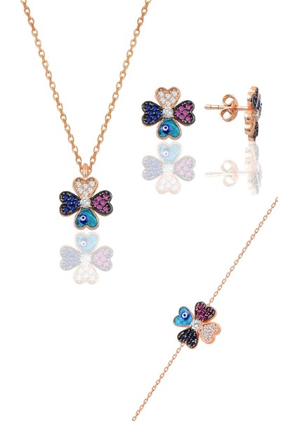 Gümüş Rose Mineli Yonca Modeli Üçlü Set