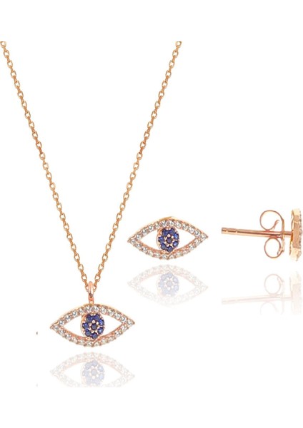 Gümüş Rose Zirkon Taşlı Safir Göz Kolye ve Küpe Gümüş Ikili Set