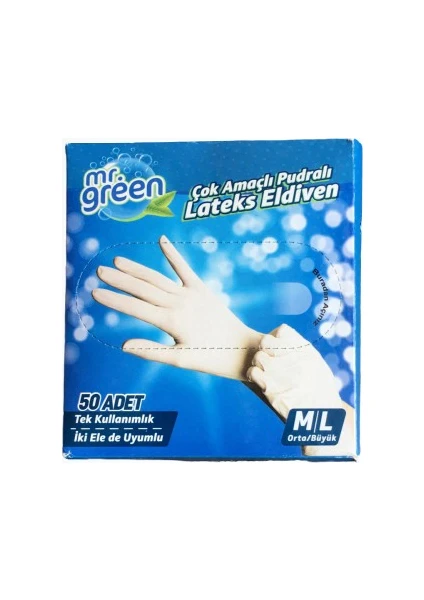 Mr.green Çok Amaçlı Pudralı Latex Eldiven 50 Adet M/l