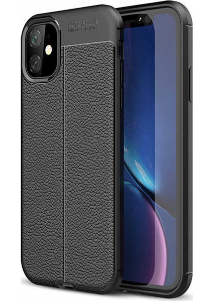 Apple iPhone 11 (6.1'') Kılıf Ultra Korumalı Deri Desenli Lüx Niss Silikon Kılıf + Cam Ekran Koruyucu Siyah