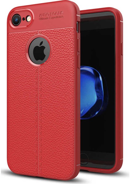 Apple iPhone Se 2020 Kılıf Ultra Korumalı Deri Desenli Lüx Niss Silikon Kılıf + Cam Ekran Koruyucu Kırmızı