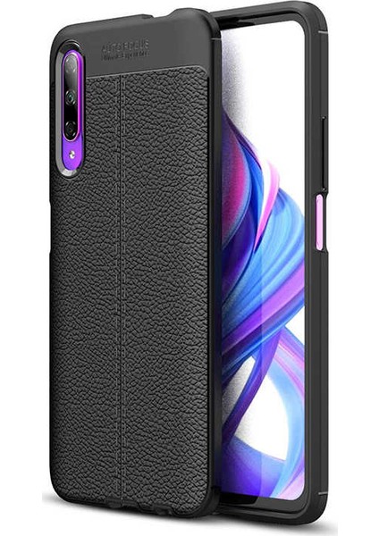 Huawei P Smart Pro 2019 Kılıf Ultra Korumalı Deri Desenli Lüx Niss Silikon Kılıf + Nano Ekran Koruyucu Siyah