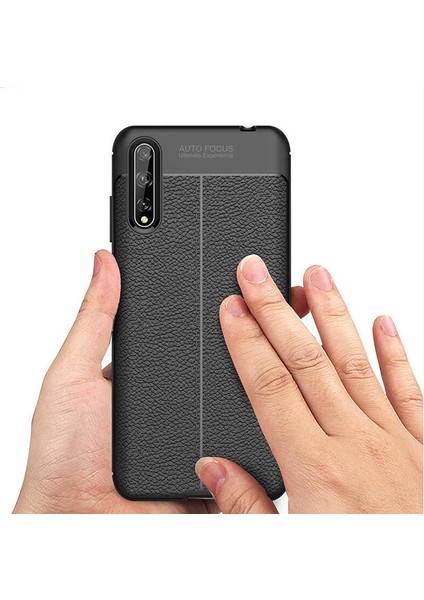 Huawei P Smart S (Y8P) Kılıf Ultra Korumalı Deri Desenli Lüx Niss Silikon Kılıf + Nano Ekran Koruyucu Siyah