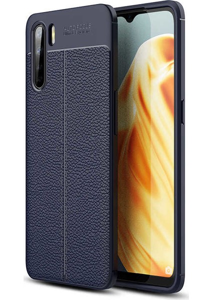 Oppo Reno 3 Kılıf Ultra Korumalı Deri Desenli Lüx Niss Silikon Kılıf + Nano Ekran Koruyucu Lacivert