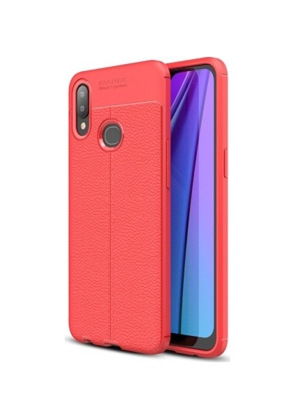 Samsung Galaxy A10S Kılıf Ultra Korumalı Deri Desenli Lüx Niss Silikon Kılıf + Tam Kaplayan 5d Cam Ekran Koruyucu Kırmızı