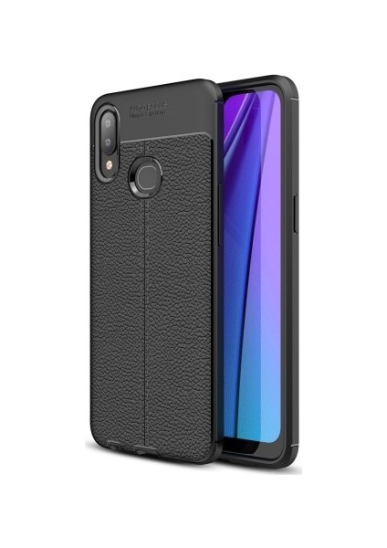 Samsung Galaxy A10S Kılıf Ultra Korumalı Deri Desenli Lüx Niss Silikon Kılıf + Tam Kaplayan 5d Cam Ekran Koruyucu Siyah