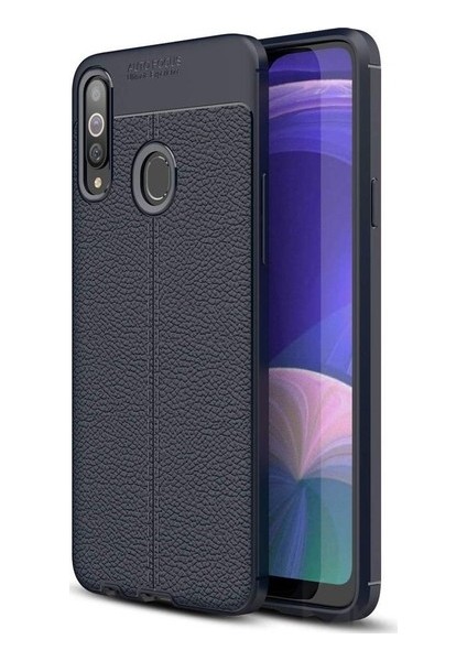 Samsung Galaxy A20S Kılıf Ultra Korumalı Deri Desenli Lüx Niss Silikon Kılıf + Tam Kaplayan 5d Cam Ekran Koruyucu Lacivert