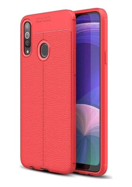 Samsung Galaxy A20S Kılıf Ultra Korumalı Deri Desenli Lüx Niss Silikon Kılıf + Tam Kaplayan 5d Cam Ekran Koruyucu Kırmızı