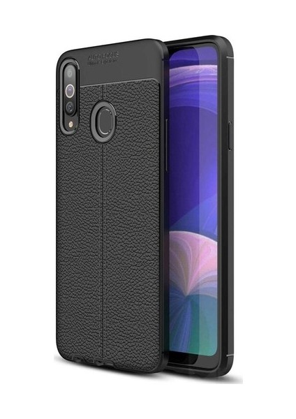 Samsung Galaxy A20S Kılıf Ultra Korumalı Deri Desenli Lüx Niss Silikon Kılıf + Tam Kaplayan 5d Cam Ekran Koruyucu Siyah