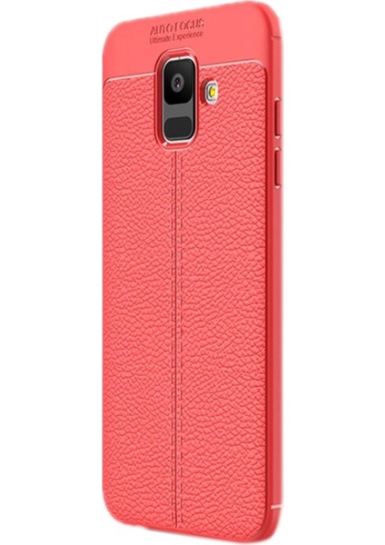 Samsung Galaxy A6 Plus Kılıf Ultra Korumalı Deri Desenli Lüx Niss Silikon Kılıf + Nano Ekran Koruyucu Kırmızı
