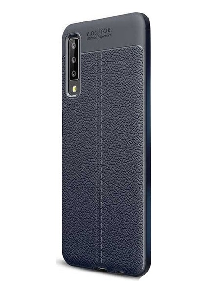 Samsung Galaxy A7 2018 Kılıf Ultra Korumalı Deri Desenli Lüx Niss Silikon Kılıf + Tam Kaplayan 5d Cam Ekran Koruyucu Lacivert