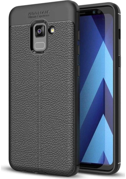 Samsung Galaxy A8 Plus Kılıf Ultra Korumalı Deri Desenli Lüx Niss Silikon Kılıf + Cam Ekran Koruyucu Siyah