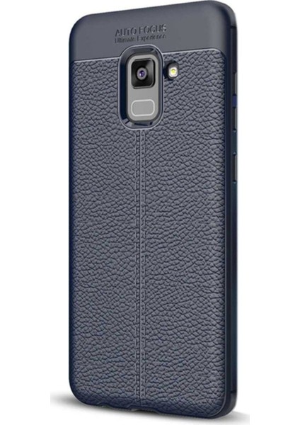 Samsung Galaxy A8 Plus Kılıf Ultra Korumalı Deri Desenli Lüx Niss Silikon Kılıf + Nano Ekran Koruyucu Lacivert