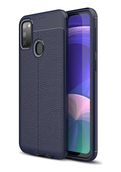 Samsung Galaxy M30S Kılıf Ultra Korumalı Deri Desenli Lüx Niss Silikon Kılıf + Tam Kaplayan 5d Cam Ekran Koruyucu Lacivert