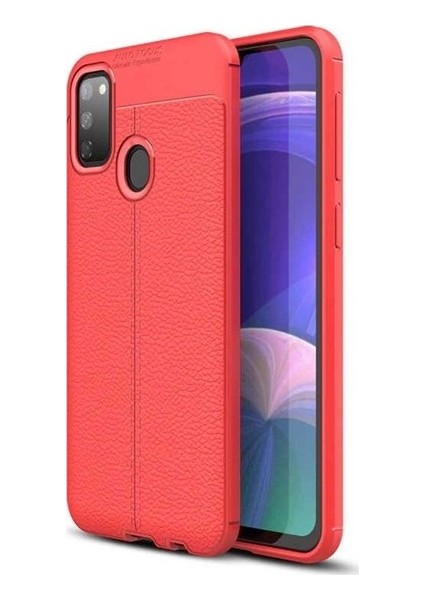 Samsung Galaxy M30S Kılıf Ultra Korumalı Deri Desenli Lüx Niss Silikon Kılıf + Tam Kaplayan 6d Nano Ekran Koruyucu Kırmızı