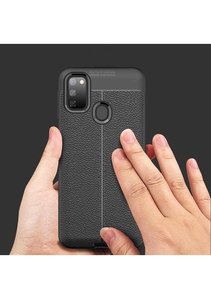 Samsung Galaxy M30S Kılıf Ultra Korumalı Deri Desenli Lüx Niss Silikon Kılıf + Tam Kaplayan 6d Nano Ekran Koruyucu Siyah