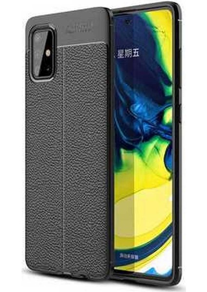 Samsung Galaxy M31S Kılıf Ultra Korumalı Deri Desenli Lüx Niss Silikon Kılıf + Tam Kaplayan 5d Cam Ekran Koruyucu Siyah