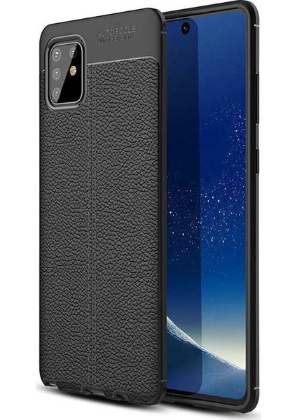 Samsung Galaxy Note 10 Lite (A81) Kılıf Ultra Korumalı Deri Desenli Lüx Niss Silikon Kılıf + Tam Kaplayan 5d Cam Ekran Koruyucu Siyah