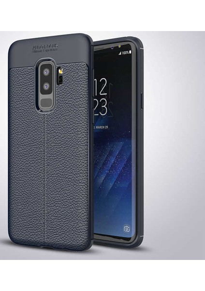 Samsung Galaxy S9 Plus Kılıf Ultra Korumalı Deri Desenli Lüx Niss Silikon Kılıf + Tam Kaplayan 3D Cam Ekran Koruyucu Lacivert