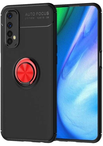 - Realme 7 - Kılıf Yüzüklü Karbon Ravel Silikon Kapak - Siyah-Kırmızı