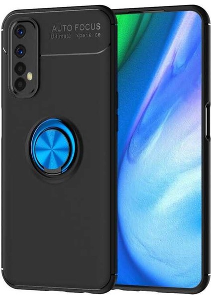 - Realme 7 - Kılıf Yüzüklü Karbon Ravel Silikon Kapak - Siyah-Mavi