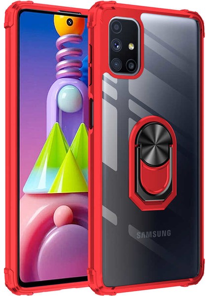 - Samsung Galaxy M51 - Kılıf Yüzüklü Arkası Şeffaf Koruyucu Mola Kapak - Kırmızı - T15554