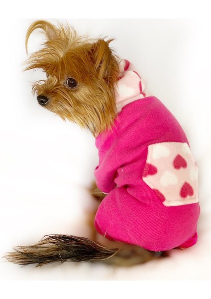 Pink Hearts Polar Kapşonlu Köpek Tulumuköpek Kıyafeti