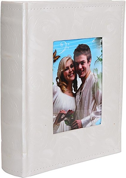 100'LÜK 15x21 cm Gerçek Deri Krem Renkli Gül Desenli Pencereli Fotoğraf Albümü