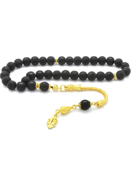 925 Ayar Gümüş Püsküllü Küre Kesim Ayyıldız Motifli Oniks Doğaltaş Tesbih