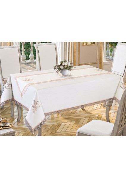 Lale Nakışlı Dantelli Masa Örtüsü ve Runner 2 Parça