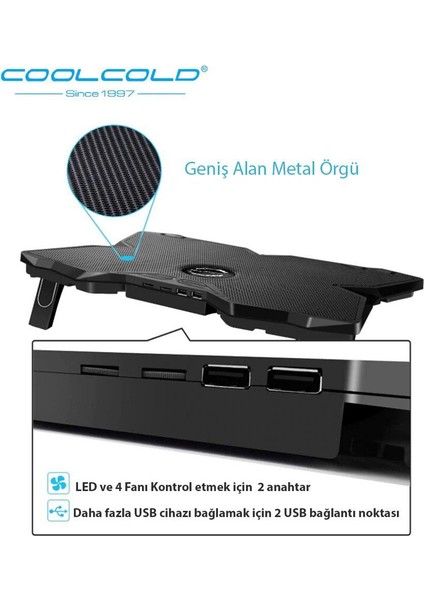 4 Fanlı Işıklı Yükseltilebilir Notebook Soğutucu