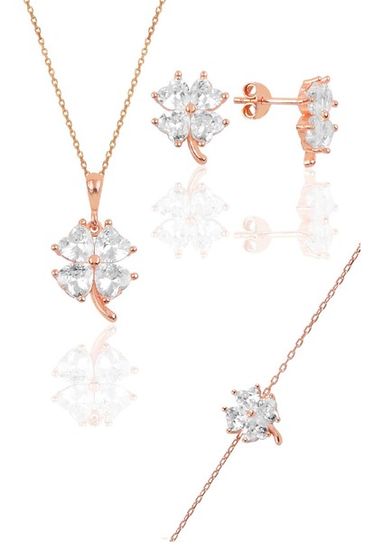 Gümüş Rose Zirkon Taşlı Yonca Modeli Üçlü Set