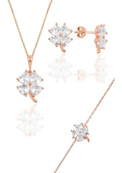 Gümüş Rose Zirkon Taşlı Yonca Modeli Üçlü Set fiyatları