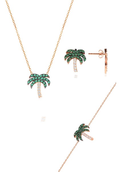 Gümüş Rose Yeşil Taşlı Palmiye Gümüş Üçlü Set