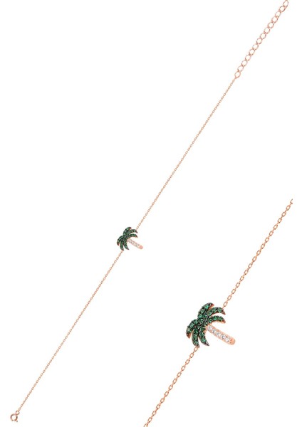 Gümüş Rose Yeşil Taşlı Palmiye Gümüş Üçlü Set modelleri