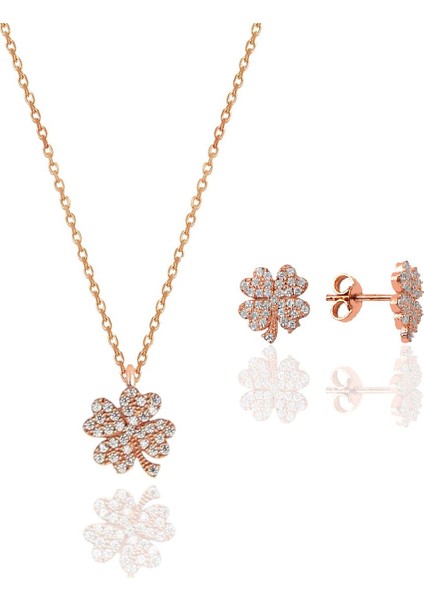 Gümüş Rose Zirkon Taşlı Yonca Kolye ve Küpe Gümüş Ikili Set