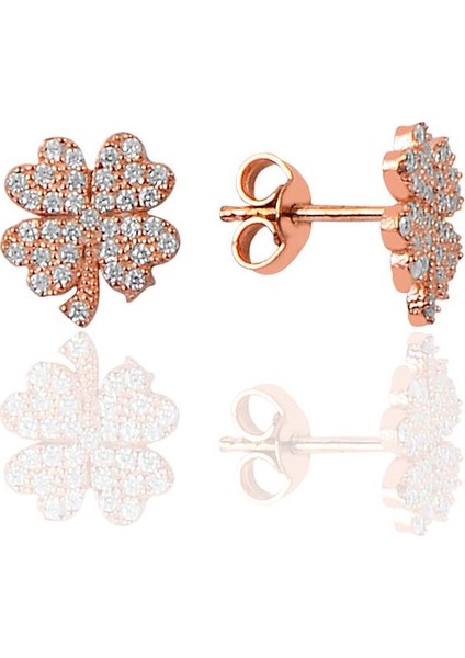 Gümüş Rose Zirkon Taşlı Yonca Kolye ve Küpe Gümüş Ikili Set modelleri