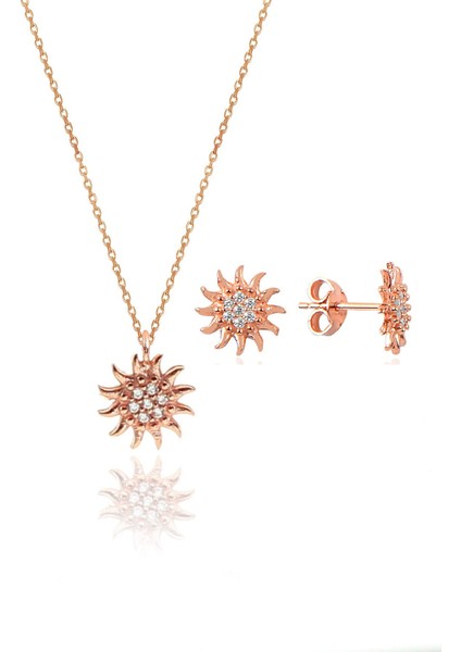 Gümüş Rose Zirkon Taşlı Güneş Kolye ve Küpe Gümüş Ikili Set