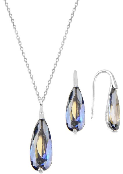 Gümüş Rodyumlu Mavi Mistik Taşlı Damla Kolye ve Küpe Ikili Gümüş Set