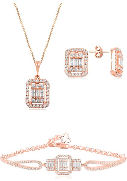 Gümüş Rose Baget Taşlı Kolye Küpe ve Bilezik Gümüş Set