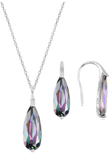 Gümüş Rodyumlu Mistik Taşlı Damla Kolye ve Küpe Ikili Gümüş Set