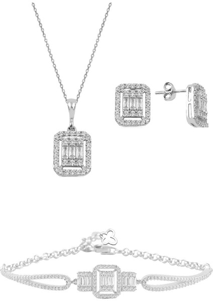 Gümüş Rodyumlu Baget Taşlı Kolye Küpe ve Bilezik Gümüş Set