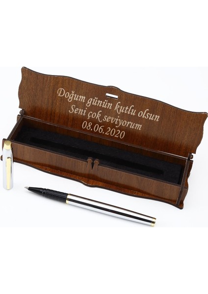 Kişiye Özel Ahşap Kutu + Roller Kalem Gold Krom