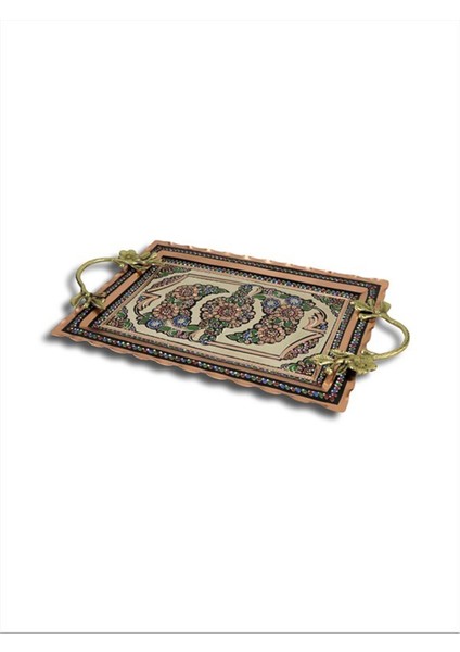 Bakır Tepsi Gül Çiçek Dikdörtgen 48 cm x 30 cm