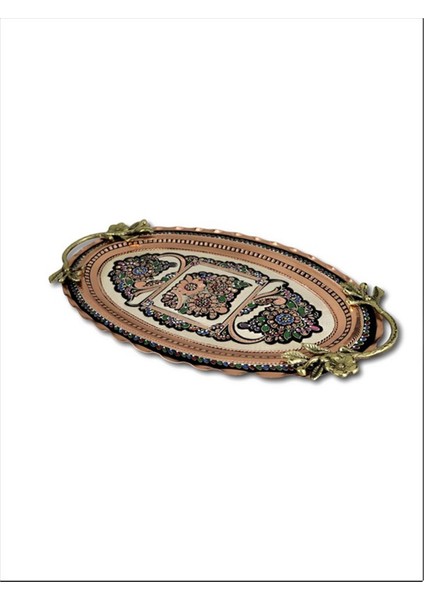 Bakır Tepsi Gül Çiçek Oval 43 cm x 24 cm