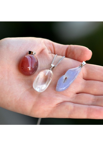 Akik - Kristal Kuvars - Kalsedon Taşı Kolye - Kararmaz Zincirli