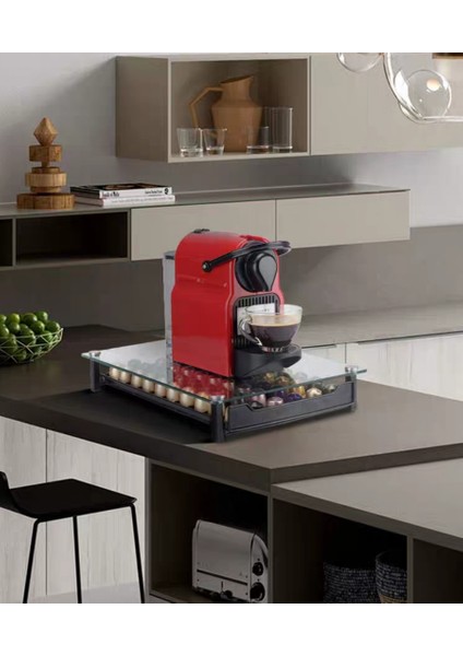 Kapsül Kahve Standı Çekmeceli Cam 50 Kapsul Kapasiteli Nespresso Jacobs Uyumlu