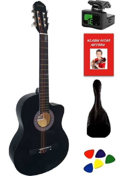 4/4 Kesik Kasa Siyah Gitar - Akort Cihazı - Kılıf - Metot - Pena