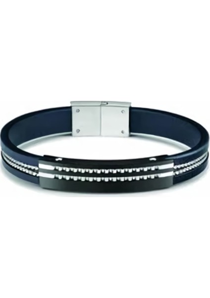 Lacivert Deri Erkek Bileklik Çelik Klips