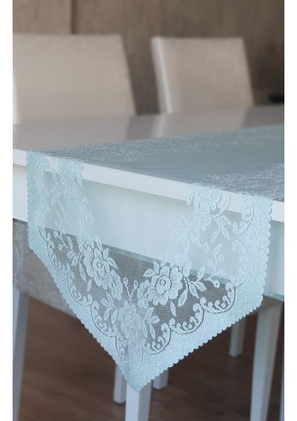 Güllü Desen Örme Runner Örtüsü 40 x 140 cm Su Yeşili